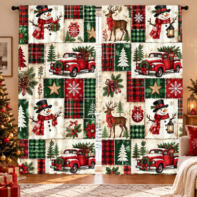 Ensemble de 2 rideaux de Noël à carreaux avec camion, bonhomme de neige et renne. Tissu occultant, préservant l'intimité, œillets pour tringle, lavables à la machine. Idéal pour le salon, la chambre, une chambre d'ado ou comme rideaux de décoration. Un incontournable pour les fêtes !