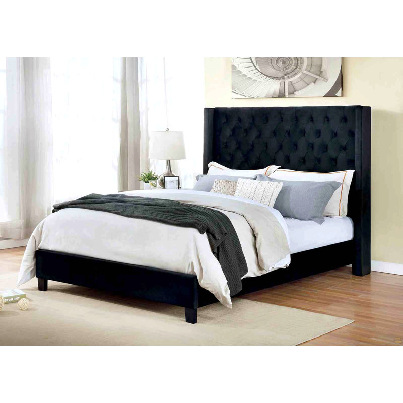 1Pc Queen Size Bed Fully Upholstered Frame Fabric Tufted HB Bedroom Wingback, Black, Queen
