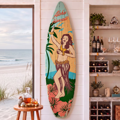 Kersh Aloha Hawaii Hula Girl Surfboard Plaque Wall Art Decor 60" x 15"
