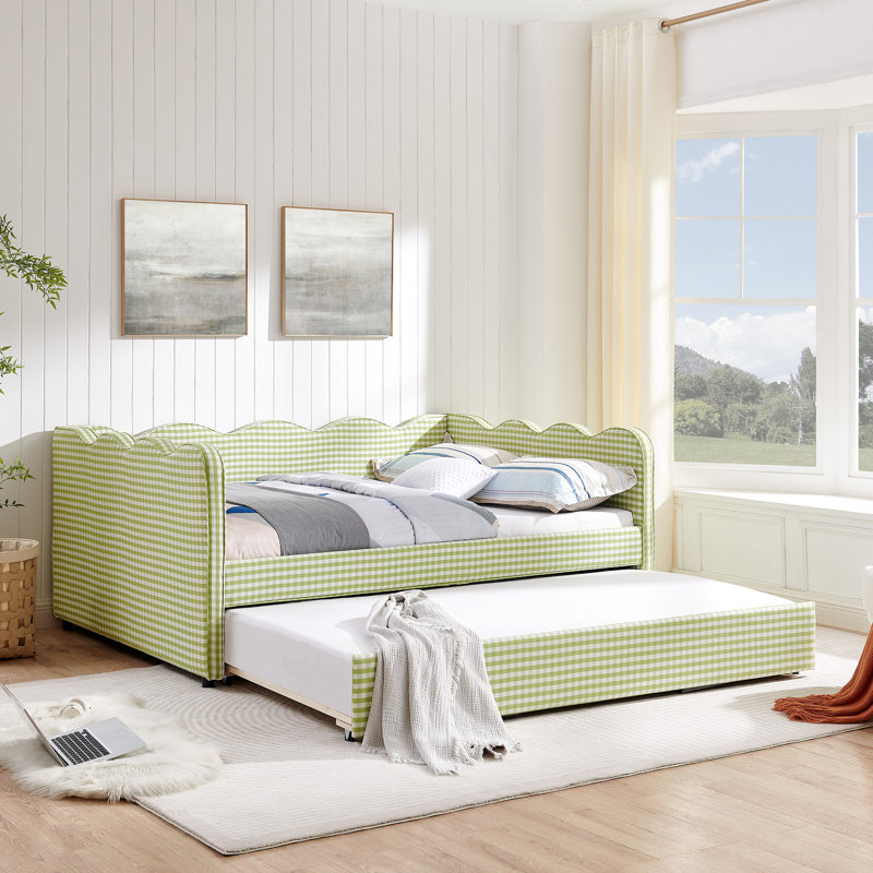 Lit de jour avec couchette sans sommier, avec port USB et adorable tissu en forme de vague, Vert