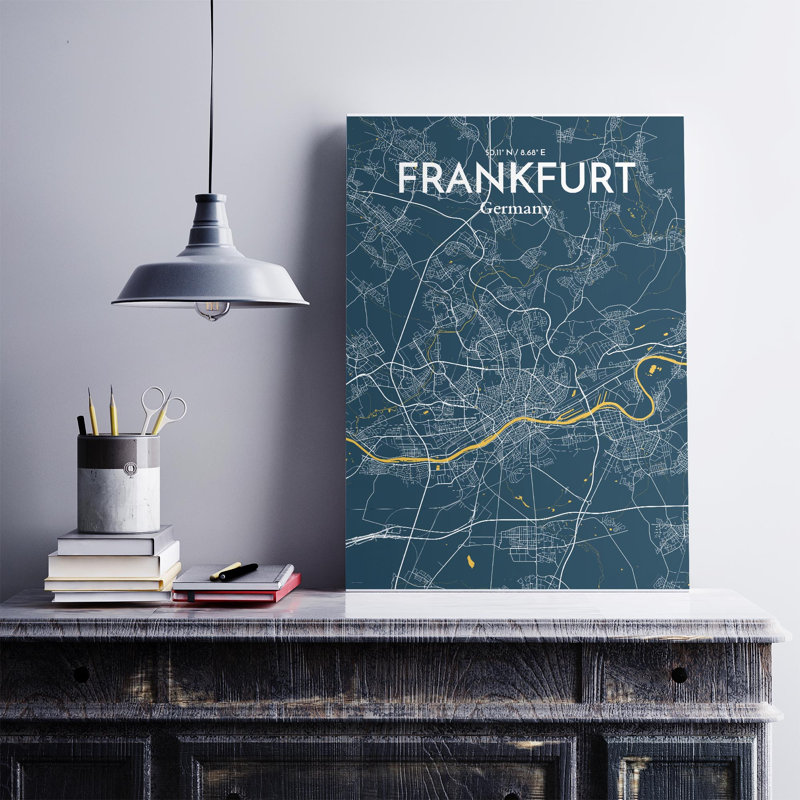 Carte de Francfort, impression graphique contrastée, H 27,6 po x l 19,7 po, Bleu / Jaune