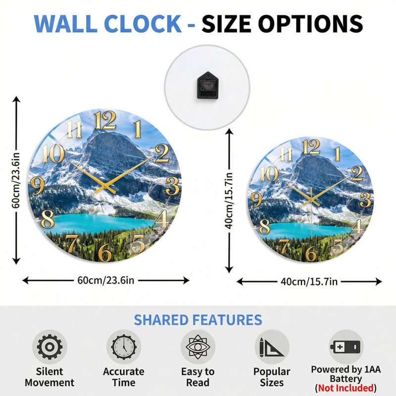 "Mountain Lake", horloge murale en verre, 60 x 60 cm (23,6 x 23,6 pouces)