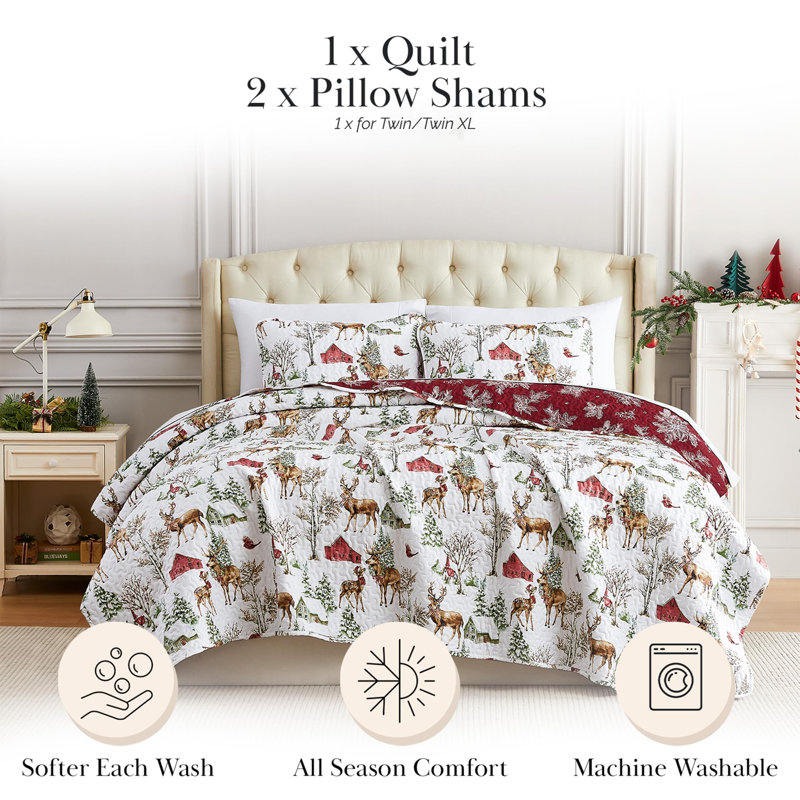 Southshore Fine Linens White Christmas Reversible Quilt Set, 100 GSM Double-Brushed Microfiber Holiday Bedding, 1 Quilt and 2 Pillow Shams, Full / Queen