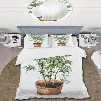 Ficus Benjamin en pot de fleurs en argile - ensemble de housse de couette traditionnel - microfibre de polyester