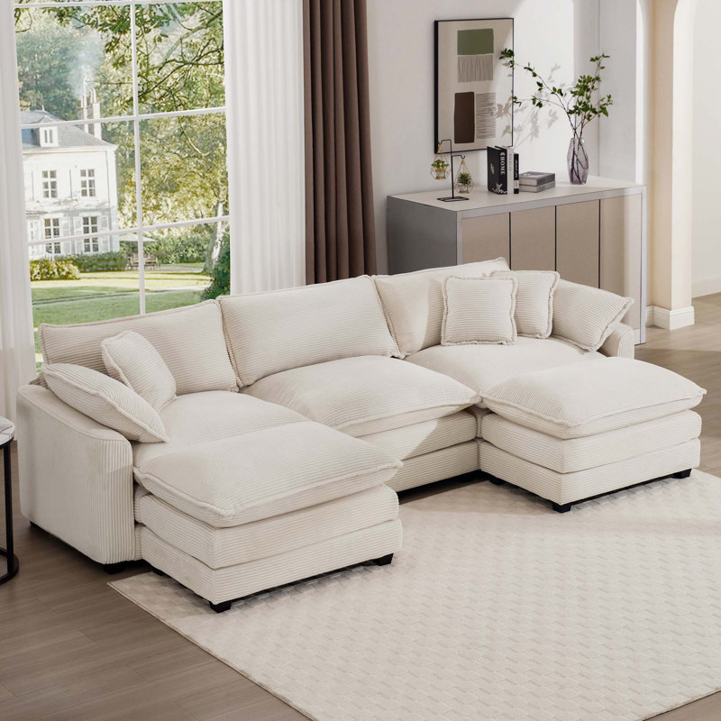 Canapé modulaire en velours côtelé avec repose-pieds et coussins Adam, Velours côtelé beige