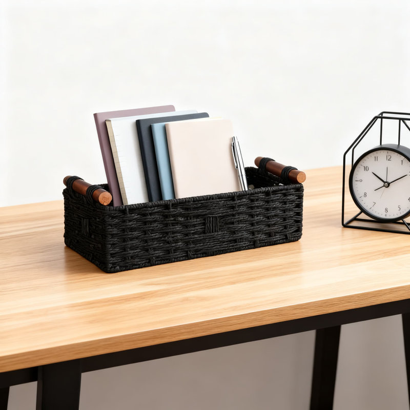 Handwoven Paper Rope Storage Basket With Wooden Handle, Decorative Wicker Organizer For Bathroom Countertop, Toilet Tank, Cosmetics & Toilet Paper