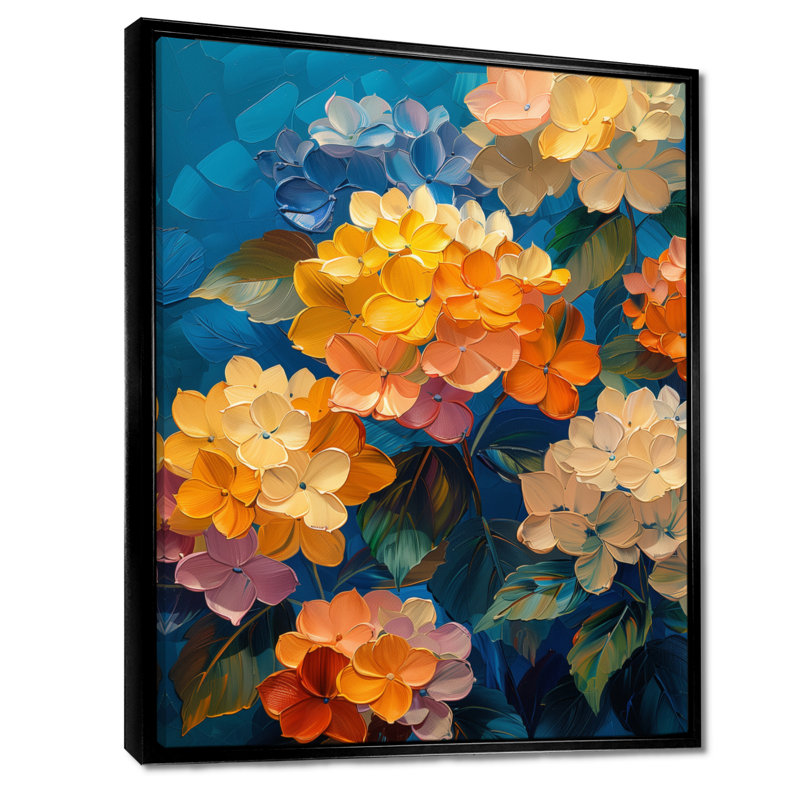 Hortensia orange et bleu qui fleurit en été III - Hortensia Wall Art Living Room, Cadre flottant noir, H 12 po x l 20 po