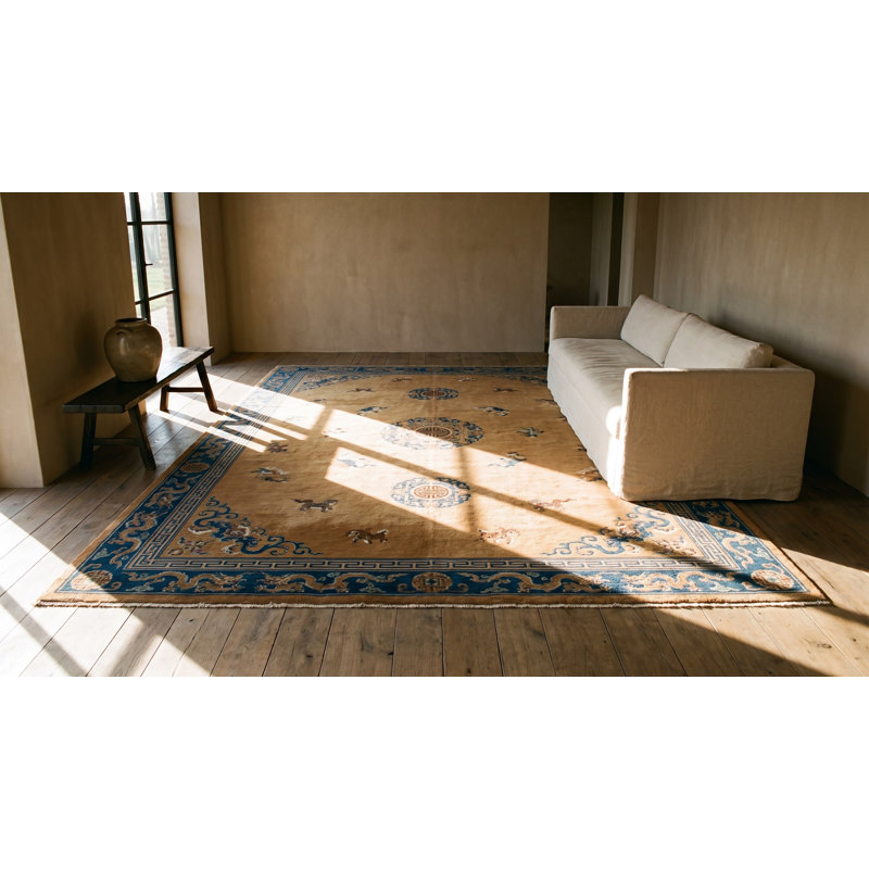 Big Antique Light Ivory Color Chinese Dragon Medallion Knotted Pile Rug