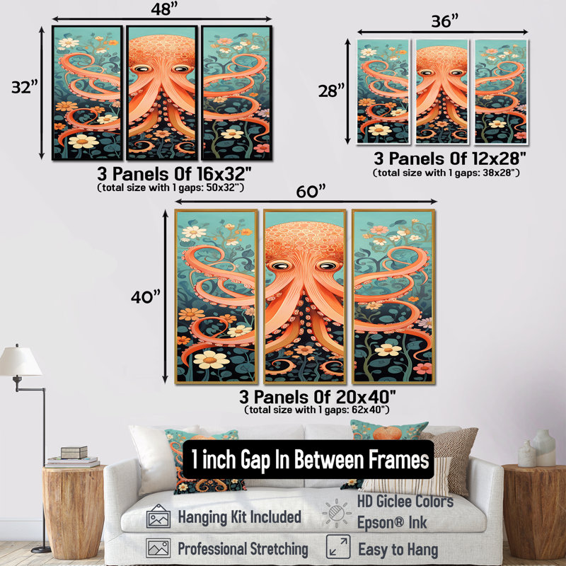 Manahan - ensemble de reproductions d'art mural pieuvre / calmar, Cadre flottant brun, H 28 po x l 36 po x P 1 po