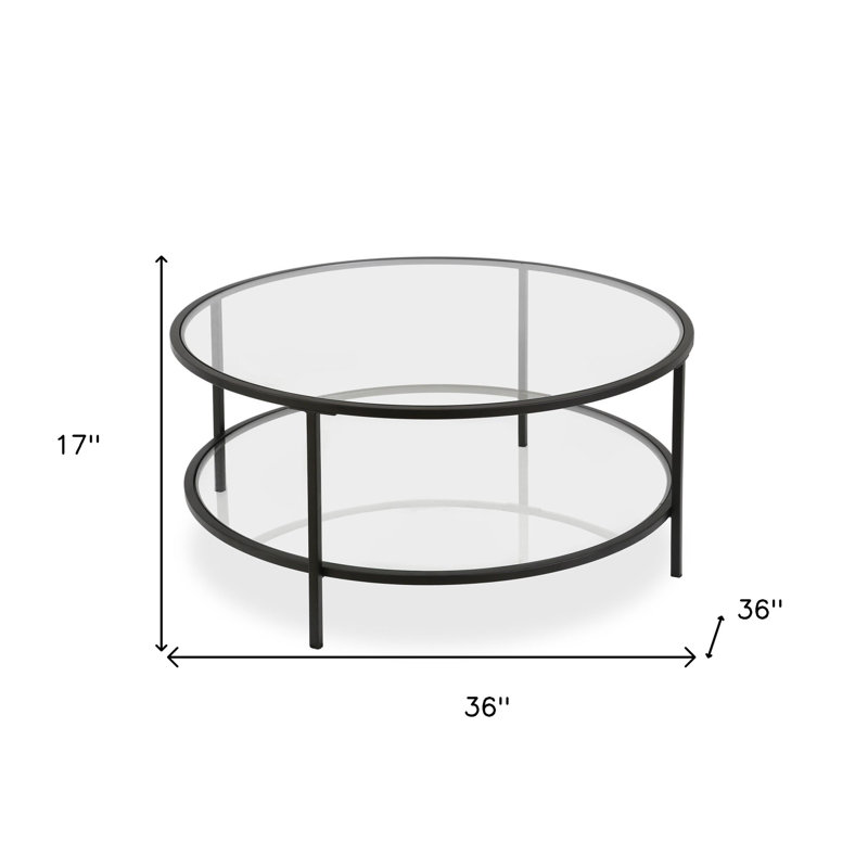 Sivil 36" Wide Round Coffee Table with Glass Top in Blackened Bronze, Blackened Bronze