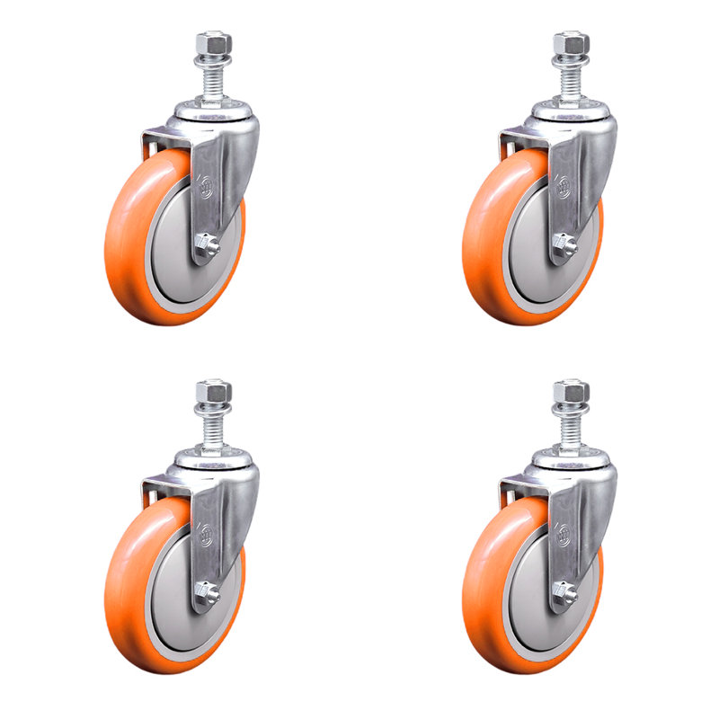 5 Inch 316SS Polyurethane Wheel Swivel 12mm Threaded Stem Caster Set, Orange