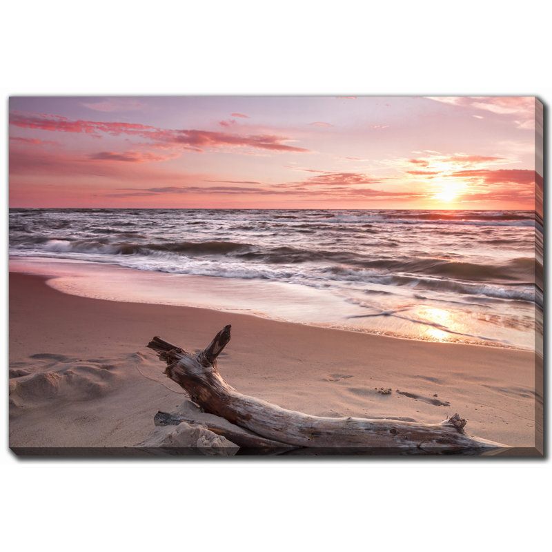 Coucher de soleil et bois flottant, art sur toile, H 22 po x l 28 po