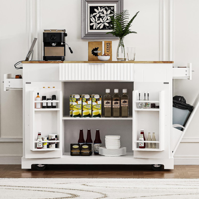 Îlot de cuisine cannelé avec armoire de rangement pour poubelle, prise de courant, support de rangement interne, îlots de cuisine roulants sur 5 roues avec 3 tiroirs, 3 supports latéraux ouverts pour poubelle de 10 gallons, blanc