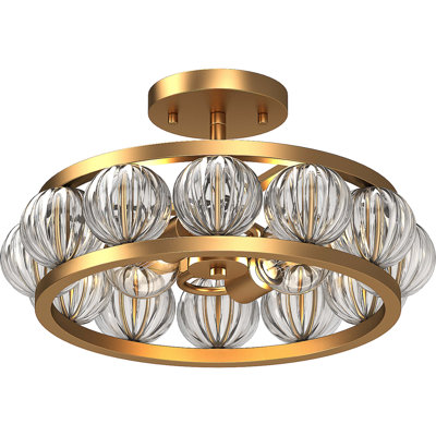 2-Light 17"W Antique Gold Semi-Flush Mount with Clear Globe Ribbed Glass