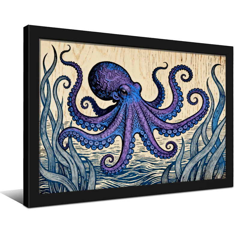 Pieuvre avec motif de tentacules et d'algues, H 16 po x l 24 po, Noir, Impression encadrée sans passe-partout