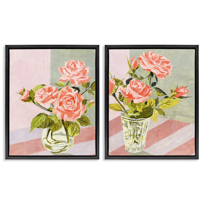  «Pink Rose Bouquets in Glass», ensemble de 2 toiles flottantes encadrées par Melissa Wang, Cadre flottant noir de jais