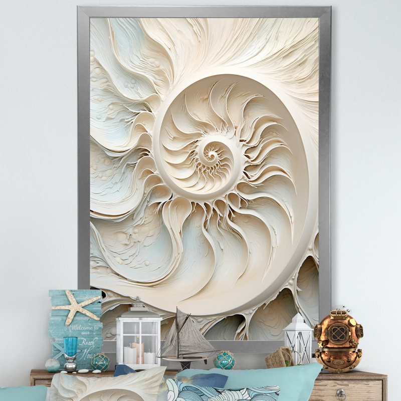 Ivoire Infinity Sea Sheel Spiral sur toile, 32" H x 24" W, Silver Picture Framed
