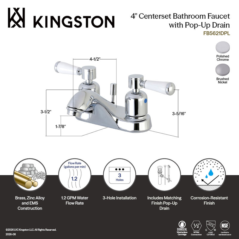 Robinet de salle de bain central à 4 poignées à 3 trous à fixation sur le comptoir avec laiton escamotable Kingston