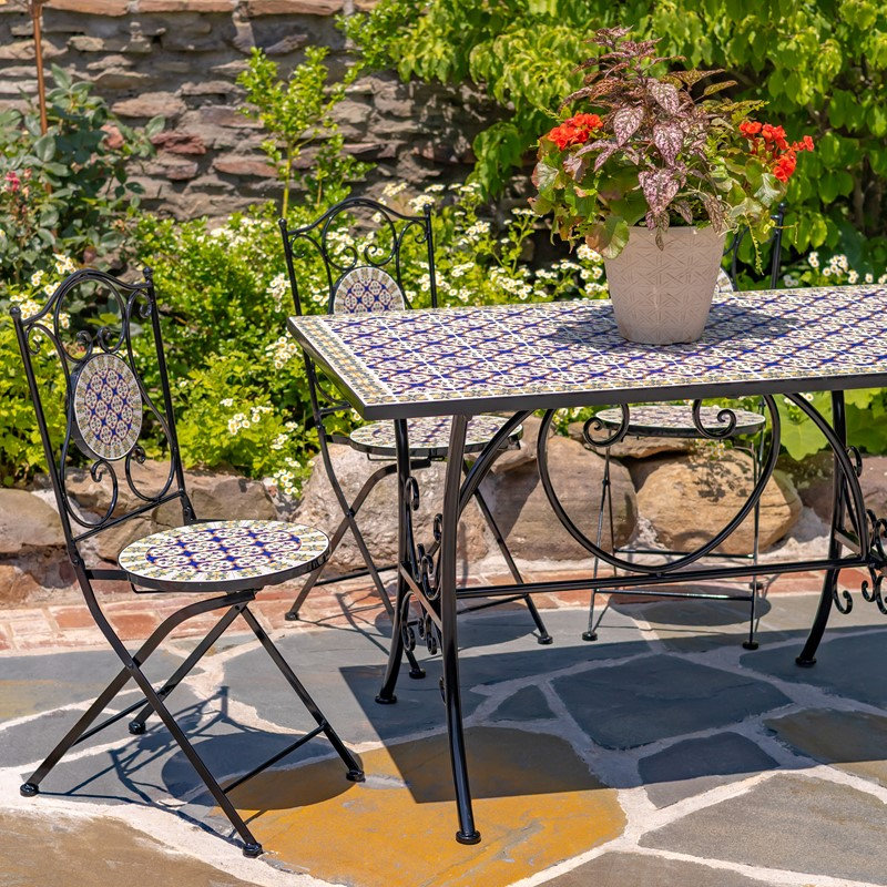 Ensemble de jardin mosaïque rectangulaire cinq pièces « Mary » - Bleu marine/jaune