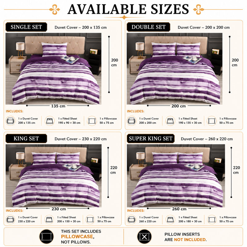Complete Bedding Set Bliss Stripe Purple Duvet Cover, Matching Fitted Sheet & Pillowcases
