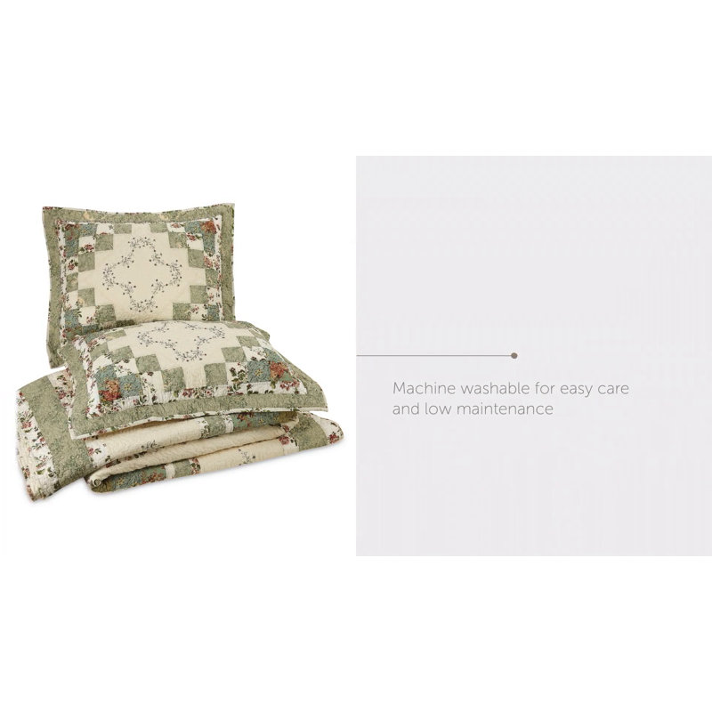 Olivia Green Floral Cotton Full Quilt Set