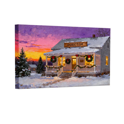 Christmas Doctor House Christmas Winter Sunset Snowy Scene Set of 3 Canvas Wall Art Prints