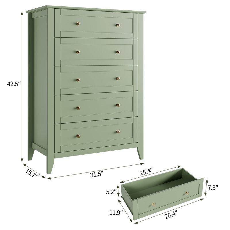 Commode 5 tiroirs peu encombrante, Vert