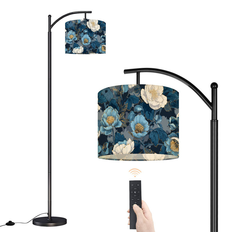 Lampe sur pied à arc avec télécommande élégante pivoines botaniques bleu marine, or blanc, lampe sur pied 3 lumières à intensité variable avec interrupteur au pied pour coin lecture