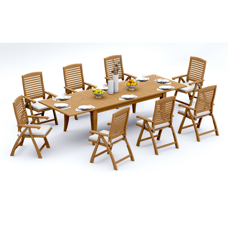 8 Seats 9 Pcs Grade-A Teak Wood Dining Set: 122" Atnas Double Extension Rectangle Table And 8 Ashely Folding Reclining Arm Chairs #11AS2808