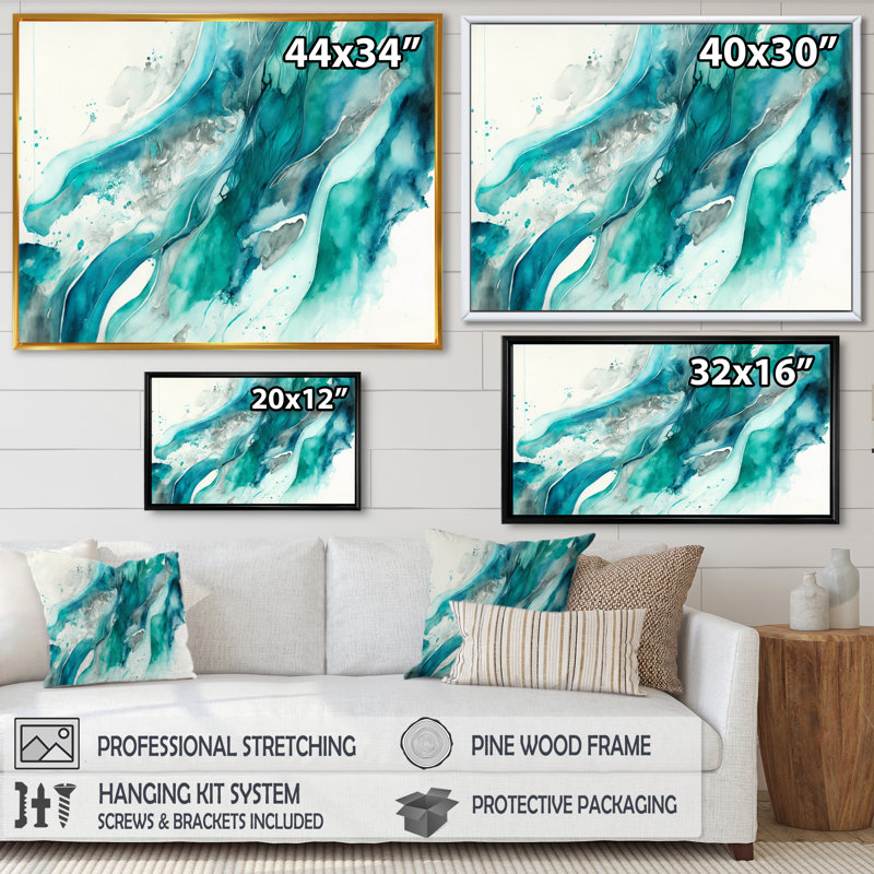 Turquoise Waves In Paradise I - reproduction sur toile, H 24 po x l 32 po x P 1 po, Toile à cadre flottant doré