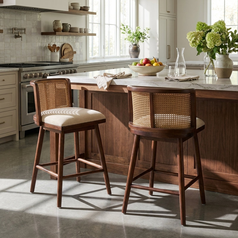 Alder Mid-Century Modern Rubberwood Counter Stool with Woven Rattan Back and Upholstered Seat, Dark Walnut, 2