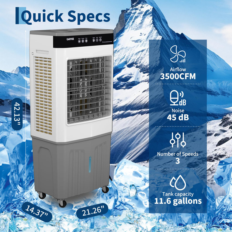 Air Cooler 3500 CFM Evaporative Air Cooler with 11.6Gal Water Tank, 4 Ice Packs, 3-Speed, 120° Oscillation, Remote Control and 12H Timer, 150W Portable Floor Standing Fan for Workshops, Garage