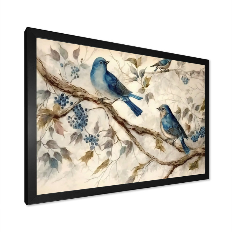 Deux oiseaux bleus assis sur une branche, aquarelle rétro II - décoration murale oiseau, Impression noire sur toile encadrée