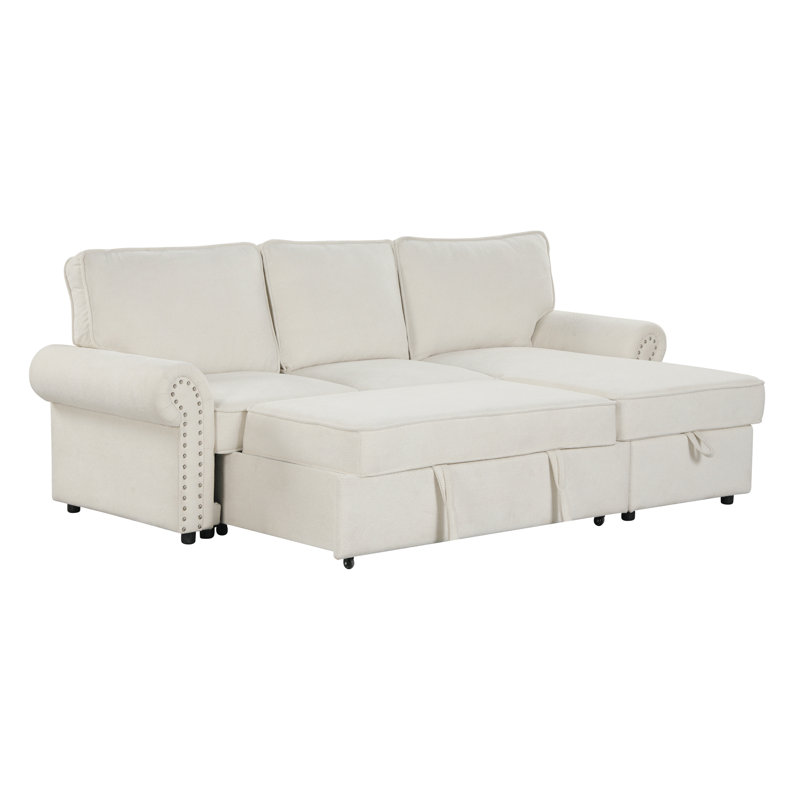 95" Convertible Sleeper Sofa With Storage Chaise | Drop-arm Console & 2 Cup Holders | Easy-clean Fabric On Solid Wood Frame | Modern Beige Living Room Sectional