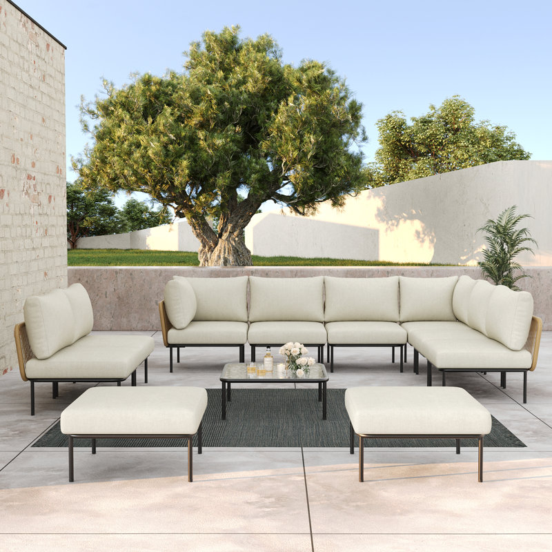  Outdoor Patio Woven Rope Wicker Modular 11 Pieces Sectional Set With Fire Pit Table And Cushions
