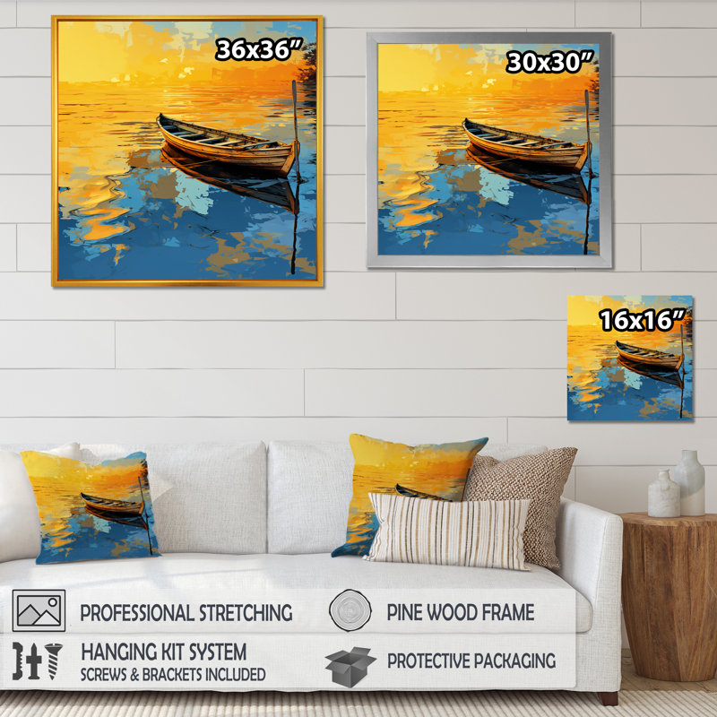 Bateau jaune et bleu au bord du lac - Bateau côtier, art mural, H 36 po x l 36 po x P 1,5 po, Cadre doré simple