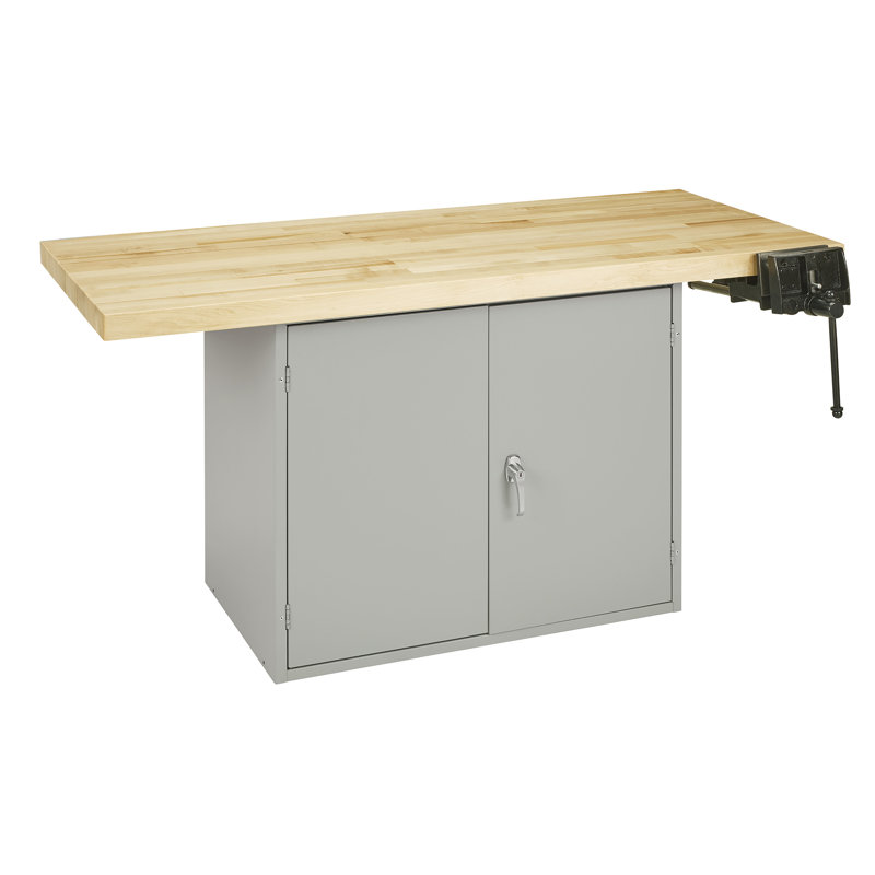 64'' W Wood Top Workbench, 1 Vise