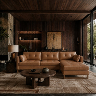 Amando 101"W Mid-Century L-Shape Genuine Leather Reversible Modular Sectional Sofa