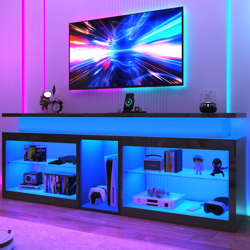 Meuble télé 71 po à DEL avec prise de courant, lumières DEL 60 couleurs pour téléviseur 65 70 à 80 po, centre de divertissement pour jeux ultrabrillant avec tablettes réglables, console de télévision au design moderne pour la chambre à coucher du salon