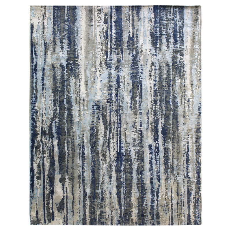 Tapis gris noué à la main de conception unique 9 pi x 12 pi New Age Agaya