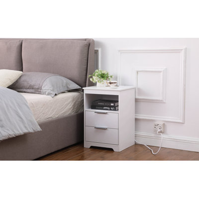 Table de chevet avec station de charge, table de bout à 2 tiroirs, table de bout en bois avec tiroir et tablette d'ouverture, table d'appoint pour chambre à coucher