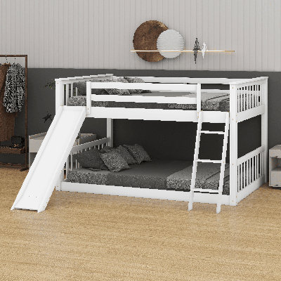 Full Over Full Size Bunk Bed With Convertible Slide And Ladder, Wooden Bunk Bed, Floor Bunk Bed Frame