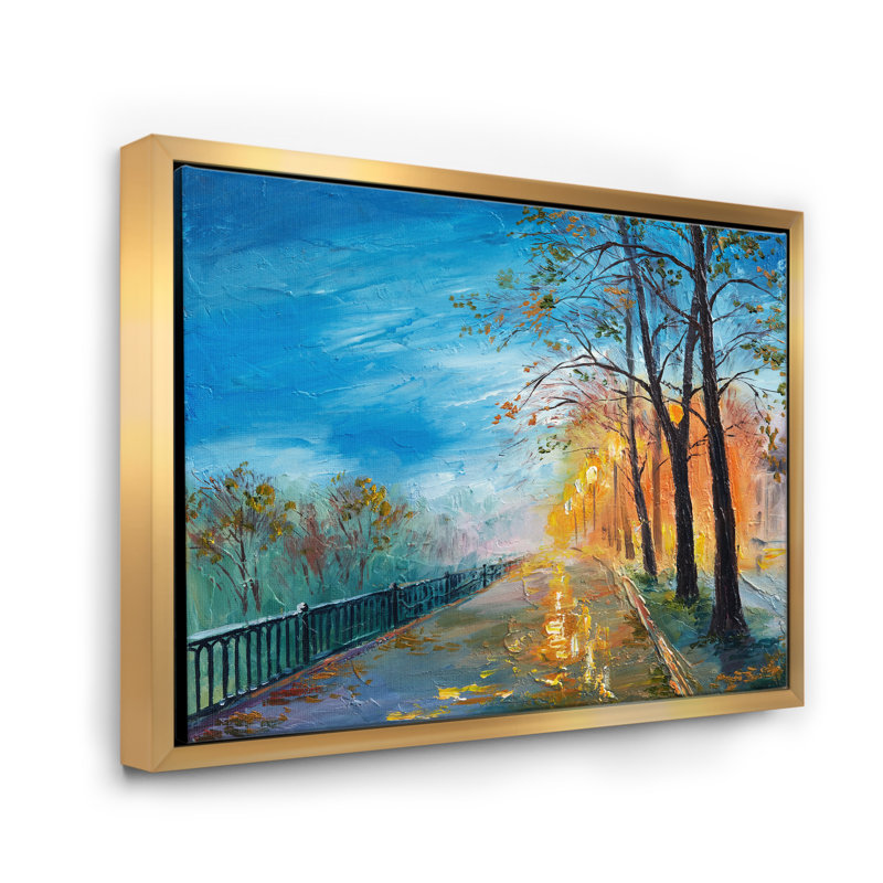 «Evening on Autumn Road», peinture sur toile, H 16 po x l 32 po x p 1 po, Cadre flottant doré