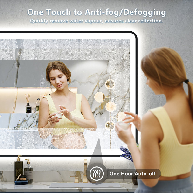Hyosvany Matte Black Matel Framed LED Vanity Mirror with Front-lit and Back-lit, Memory Function, 3 Color Temperatures, Dimmable Light & Anti-fog Tempered Glass Mirror