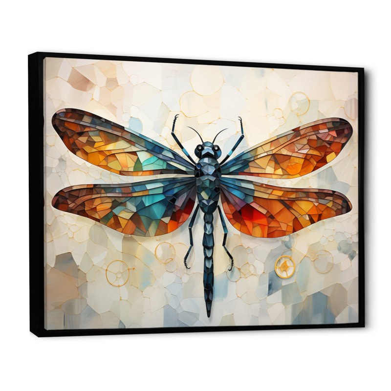 Libellule orange, insectes, vol géométrique I - Libellule, art mural, Cadre flottant noir, H 30 po x l 40 po x P 1,5 po