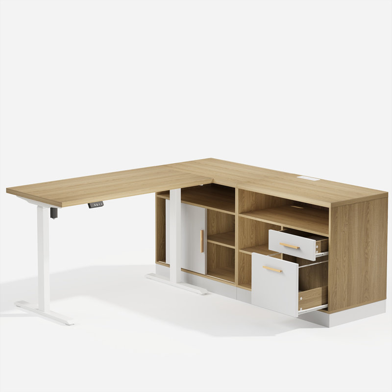 Adonia 67" L-Shaped Adjustable Standing Desk With 2 File Cabinets, AC/USB, Sit-Stand Home Office Desk, Light Walnut/White