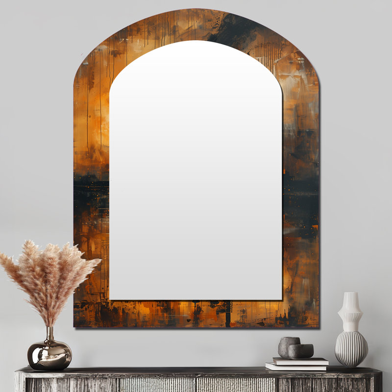Grand miroir mural arqué sur métal jaune, 43 po x 33 po
