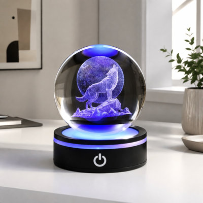 80mm 3D Moon-and-Wolf Crystal Ball with Colorful LED Base and Laser Wolf Design, a Glass Animal Decorative Ball for Home Decor; Christmas or Birthday Gift for Women, Men and Wolf Lovers