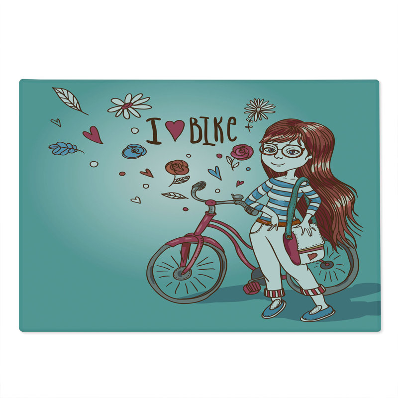 Ambesonne Cartoon Cutting Board Large Size Girl with Bike Dried Rose and Pale Blue