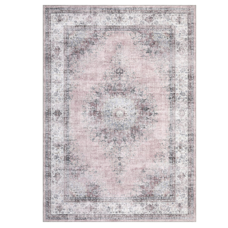 Machine Washable Rugs Oriental Floral Non-Slip Low Pile Rubber Backing Area Rug for Living Room Bedroom Kitchen Dining Room